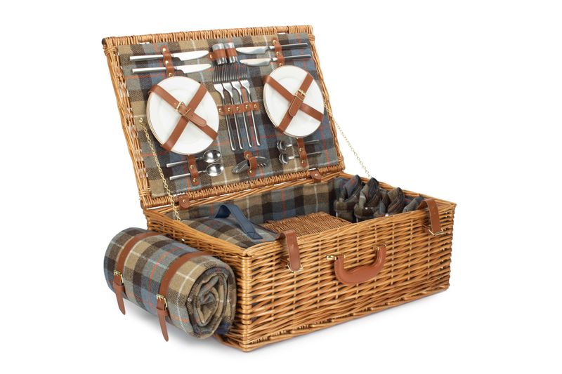 Deluxe Four Person Ravenstor Picnic Hamper 
Tartan Fabric:  Beige, light blue squares, brown large stripes and thin white and red lines.
Image:  Open with Rug on side