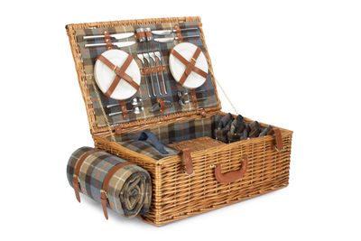 Deluxe Four Person Ravenstor Picnic Hamper 
Tartan Fabric:  Beige, light blue squares, brown large stripes and thin white and red lines.
Image:  Open with Rug on side