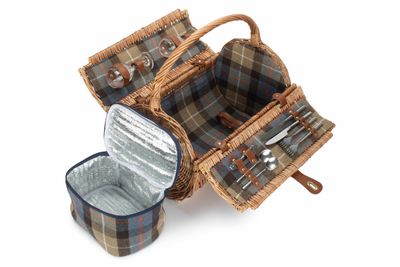 Two Person Ravenstor Barrel Shaped Picnic Hamper 
Tartan Fabric:  Beige, light blue squares, brown large stripes and thin white and red lines.
Open with contents displayed