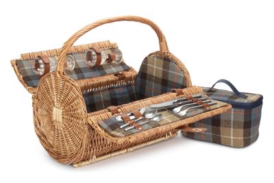 Two Person Ravenstor Barrel Shaped Picnic Hamper 
Tartan Fabric:  Beige, light blue squares, brown large stripes and thin white and red lines.
Image:  Open