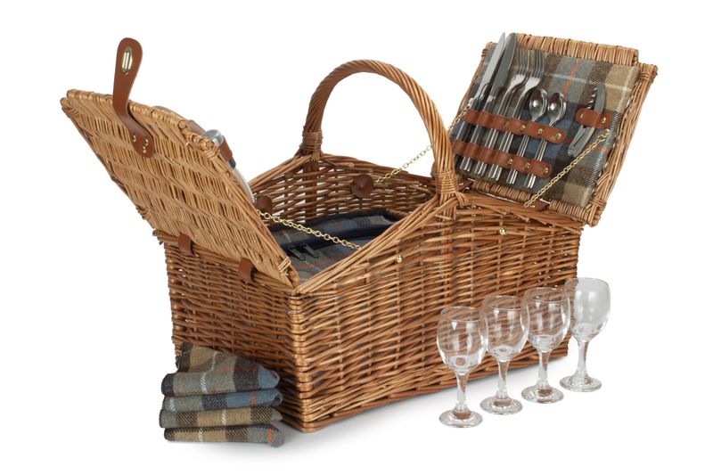 Four Person Ravenstor Double Lidded Picnic Hamper 
Tartan Fabric:  Beige, light blue squares, brown large stripes and thin white and red lines.
Image Open with Contents displayed