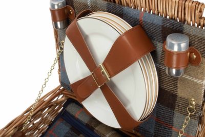 Four Person Ravenstor Double Lidded Picnic Hamper 
Tartan Fabric:  Beige, light blue squares, brown large stripes and thin white and red lines.
Image:  Plates strapped in with leather straps