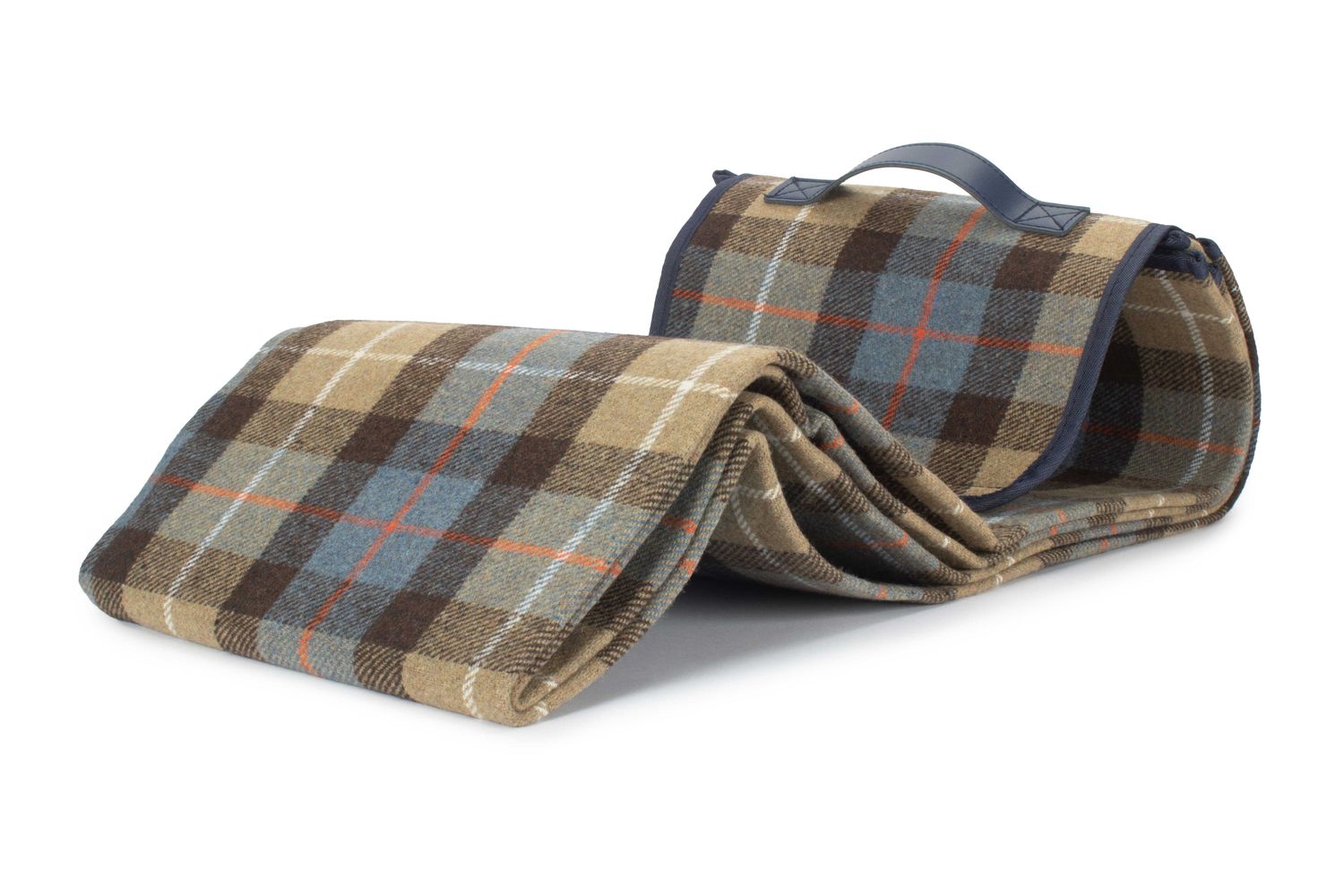 Luxury Ravenstor Picnic Blanket
Tartan Fabric:  Beige, light blue squares, brown large stripes and thin white and red lines.