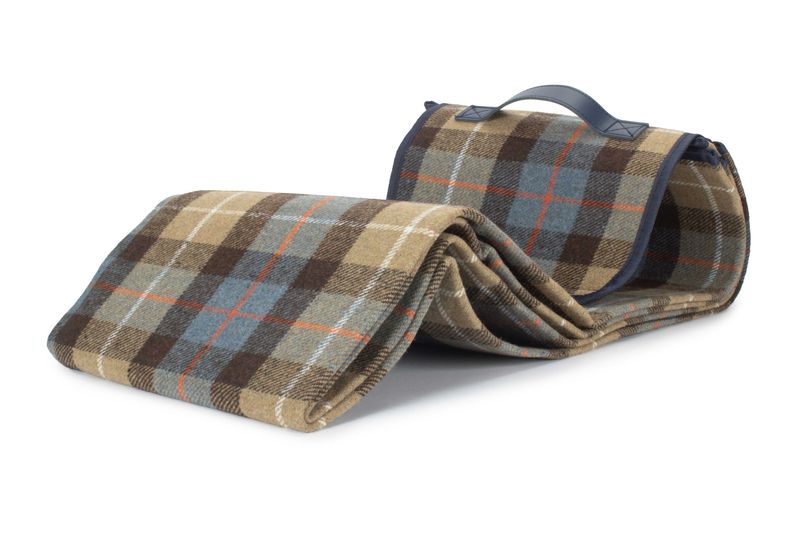 Luxury Ravenstor Picnic Blanket
Tartan Fabric:  Beige, light blue squares, brown large stripes and thin white and red lines.