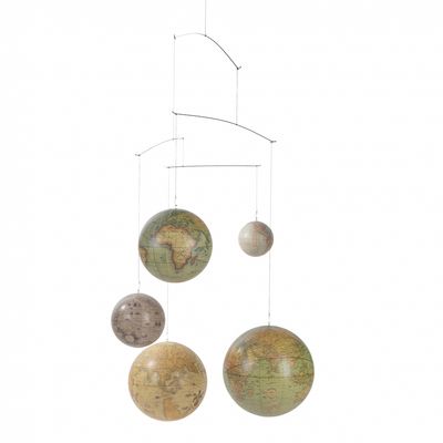 Five different globes depicting five hundred years of the ages of the world. A beautiful mobile adding movement and interest to the room.