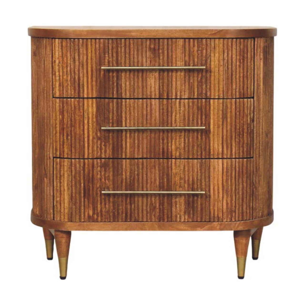 Wooden chest of drawers  (three in total) with fluted front panels, and brushed metal handles.