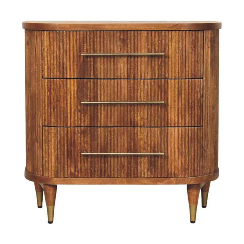 Wooden chest of drawers  (three in total) with fluted front panels, and brushed metal handles.