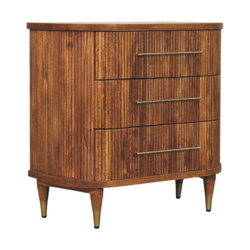Wooden chest of drawers  (three in total) with fluted front panels, and brushed metal handles.