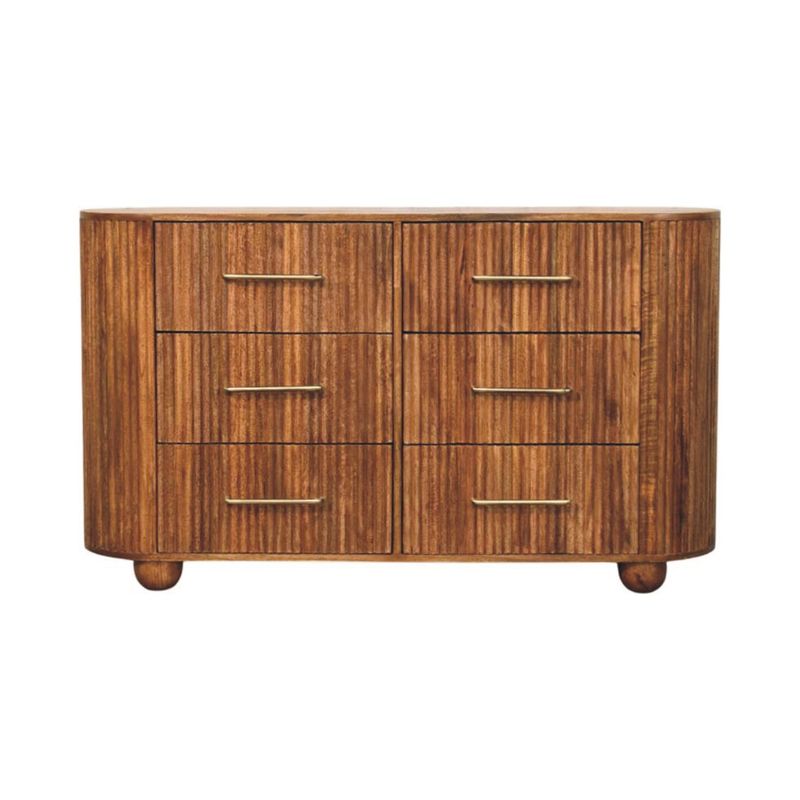 Wooden Large chest of drawers  (six in total two sets of three)) with fluted front panels, and brushed metal handles.