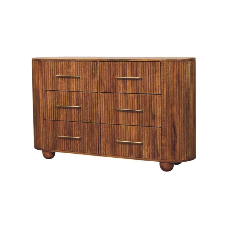 Wooden Large chest of drawers  (six in total two sets of three)) with fluted front panels, and brushed metal handles.