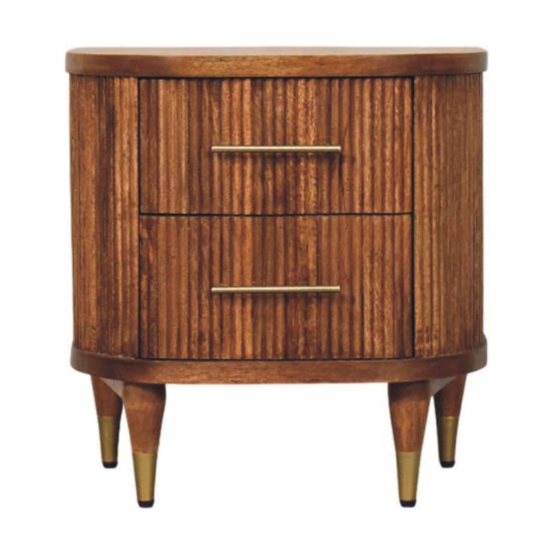 Walnut bedside table with two drawers, fluted front panels, brass handles, and tapered legs with brass-capped feet.