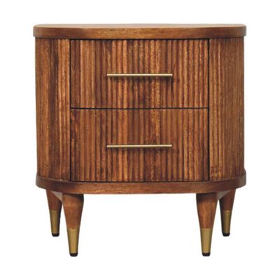 Walnut bedside table with two drawers, fluted front panels, brass handles, and tapered legs with brass-capped feet.
