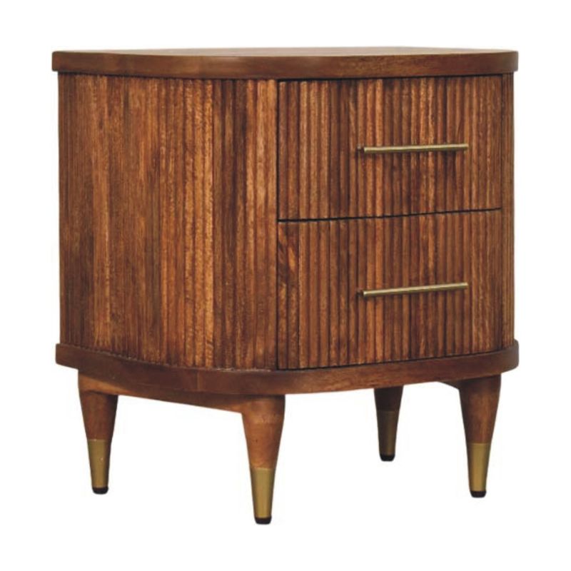 Walnut bedside table with two drawers, fluted front panels, brass handles, and tapered legs with brass-capped feet.