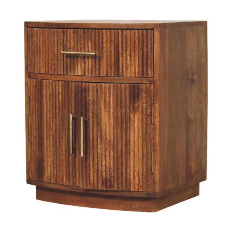 Wooden bedside cabinet with one top drawer, two-door cupboard, fluted front panels, and brushed metal handles.