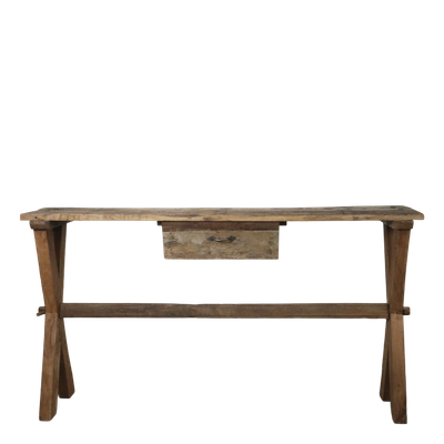 Rustic recycled wood console table with one drawer, tapered legs and a natural weathered finish.