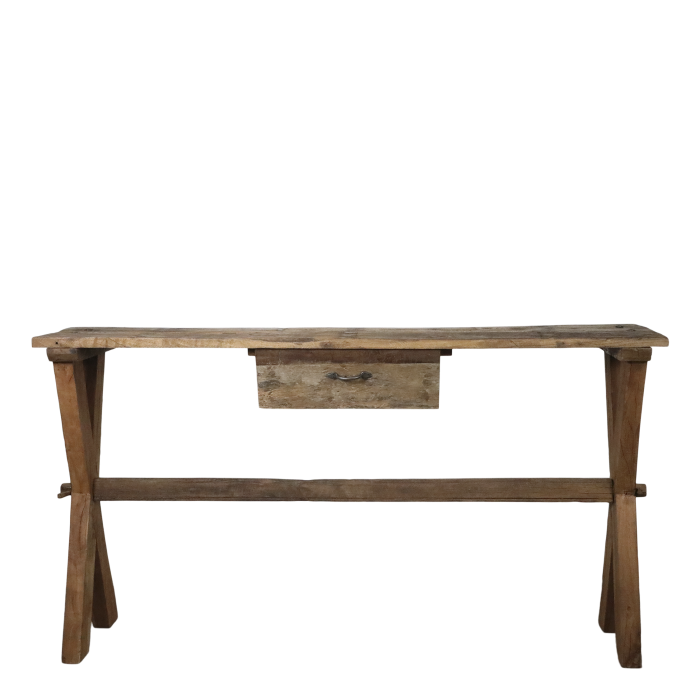 Amelie Table with Drawer Rustic recycled wood console table with one drawer, tapered legs and a natural weathered finish.