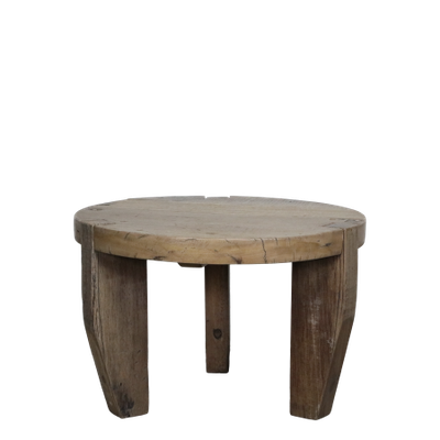 Amelie Circle Coffee Table A rustic round wooden stool with a thick top and three sturdy legs.