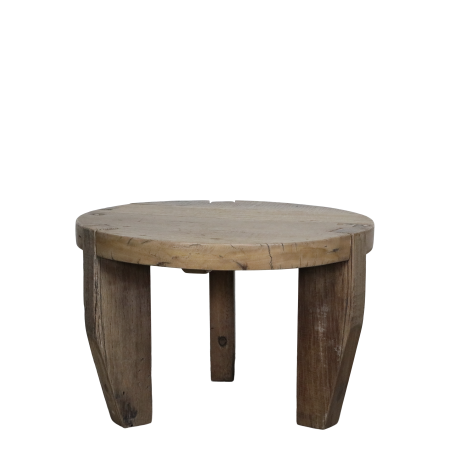A rustic round wooden stool with a thick top and three sturdy legs.