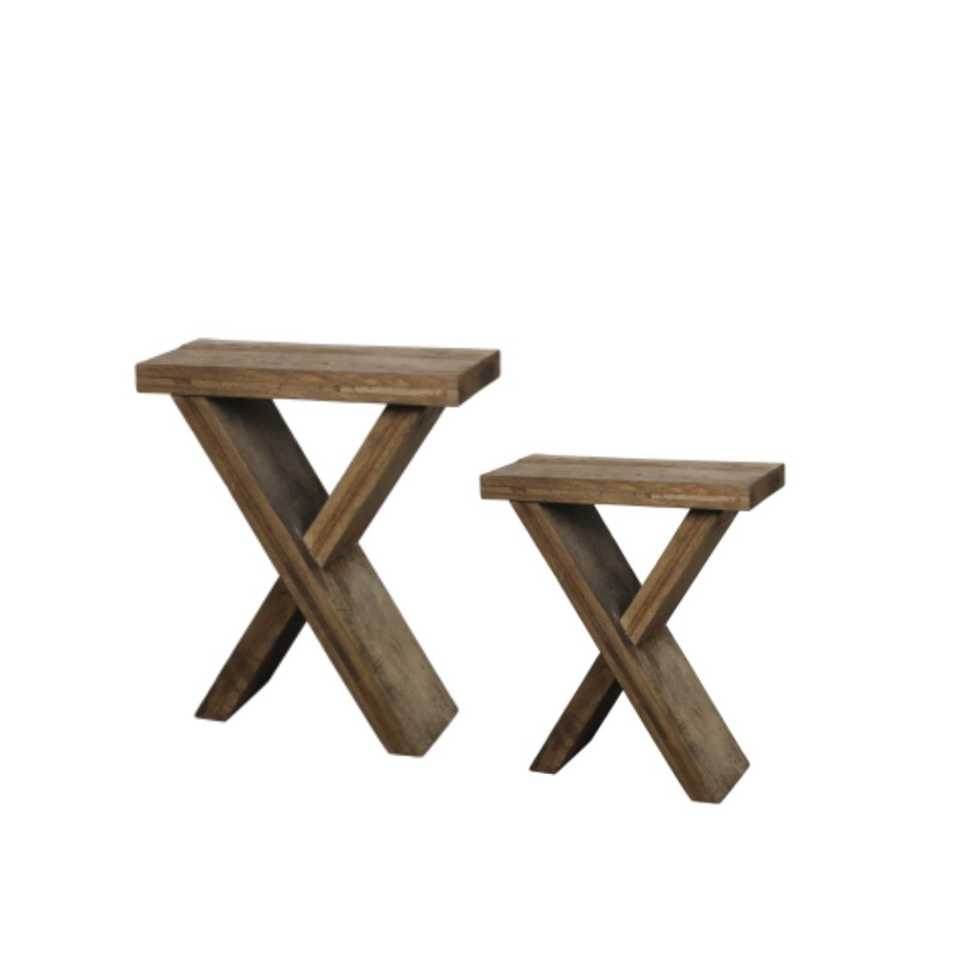 Amelie pair of recycled wood side tables with rustic finish, open shelf and chunky handcrafted design.