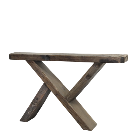 Amelie Console Table Rustic recycled repurposed wooded console table made from with simple planks and crossed, weathered timber legs.