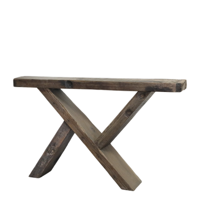 Rustic recycled repurposed wooded console table made from with simple planks and crossed, weathered timber legs.