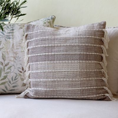 Chic Square Cushion Floral - Fringed Mocha & Cream Pattern