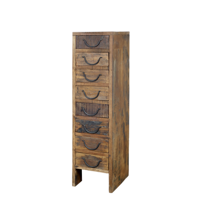 Amelie Eight Drawer Chest of Drawers Tall rustic wooden chest of drawers with eight drawers, curved metal handles and a weathered natural timber finish.