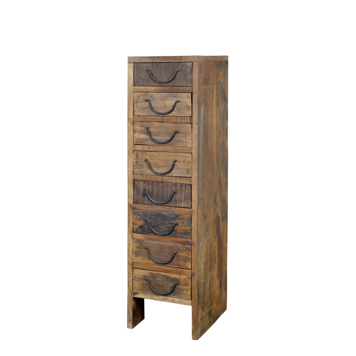 Amelie Eight Drawer Chest of Drawers Tall rustic wooden chest of drawers with eight drawers, curved metal handles and a weathered natural timber finish.