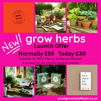 New! Grow Herbs.  Lunch offer Normally £55 Today £30.  Images of herbs and sowitgrowitandfeast.co.uk grow herb kit