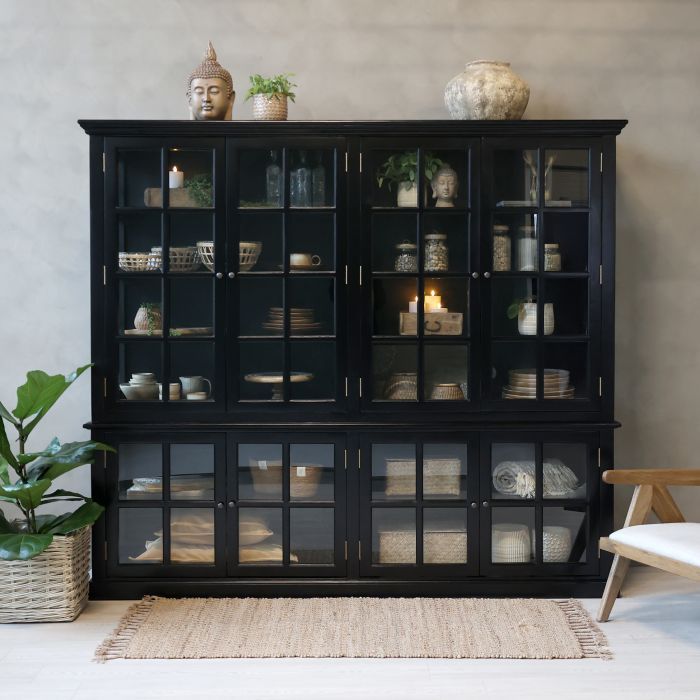 Rouen large black display cabinet with glazed doors and shelving