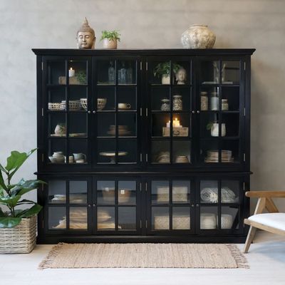 Rouen large black display cabinet with glazed doors and shelving