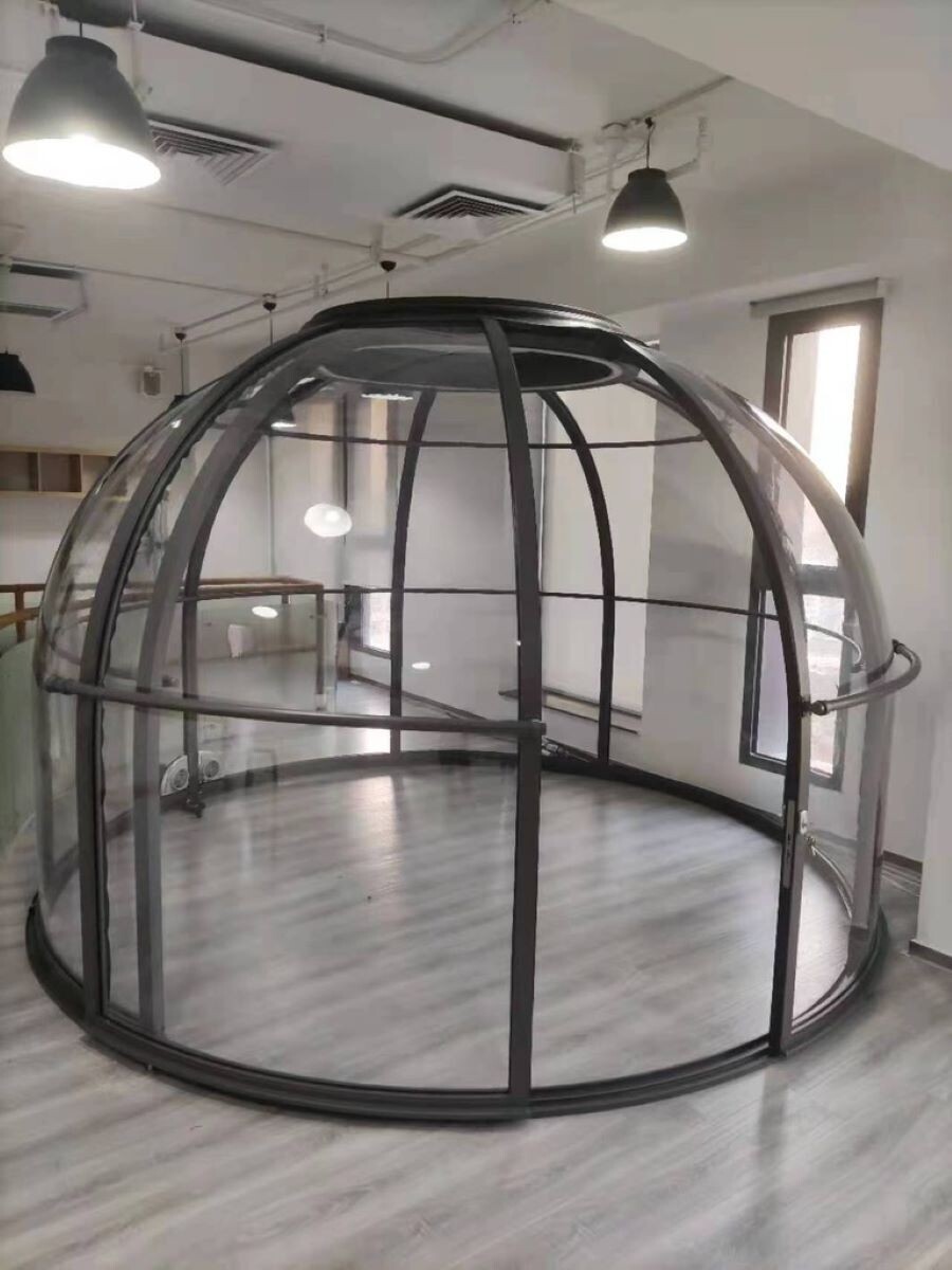 This Dome can be used in indoor and outdoor situations, in offices, restaurants and hotels, as well as in gardens and on terraces. 
At a diameter of 3.5 metres, it can accommodate a dinner party in any weather, and the glass is so strong it is even bulletproof, so quite suitable for inviting even unpopular guests.
It is more expensive than some others on the market, but there is no comparison in terms of quality and longevity. 