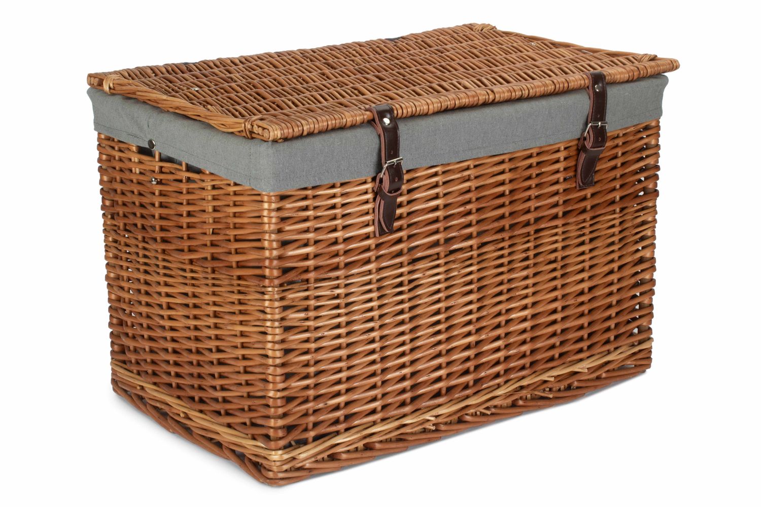 Steamed Wicker Sage Green Lined Storage Hamper with leather Buckle straps