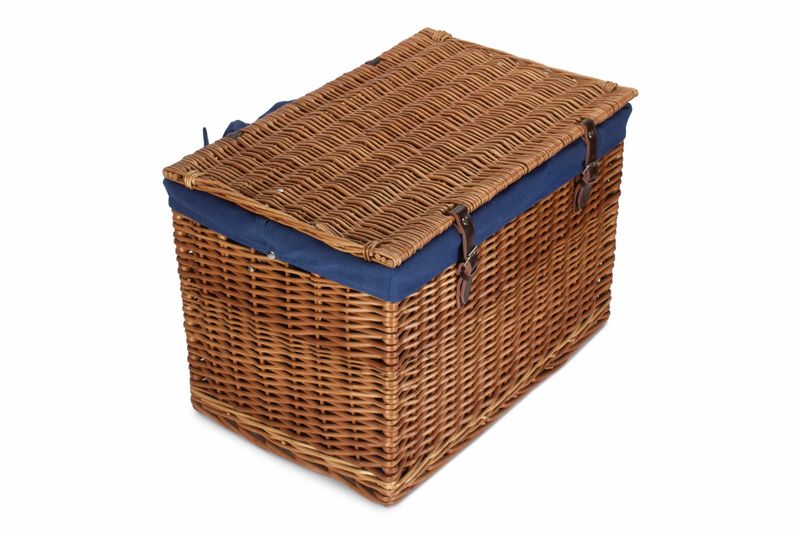 Steamed Wicker Blue Lined Storage Hamper with leather Buckle straps