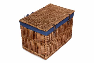 Steamed Wicker Blue Lined Storage Hamper with leather Buckle straps