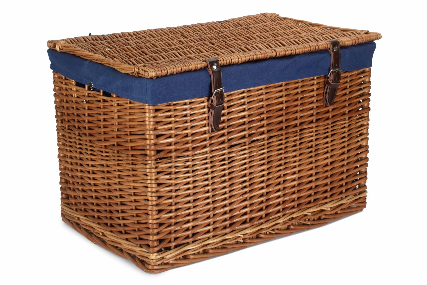 Steamed Wicker Blue Lined Storage Hamper with leather Buckle straps