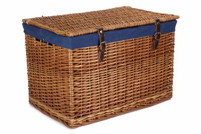 Steamed Wicker Blue Lined Storage Hamper with leather Buckle straps