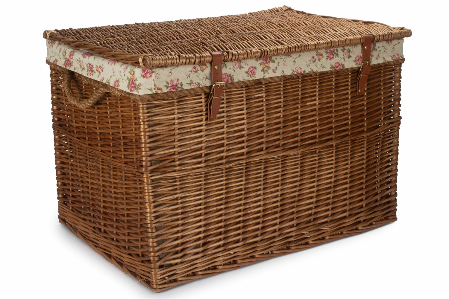 Steamed Wicker Floral Rose Lined Storage Hamper with leather Buckle straps