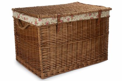 Steamed Wicker Floral Rose Lined Storage Hamper with leather Buckle straps