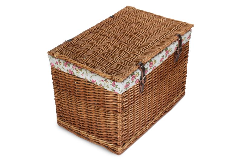 Steamed Wicker Floral Rose Lined Storage Hamper with leather Buckle straps