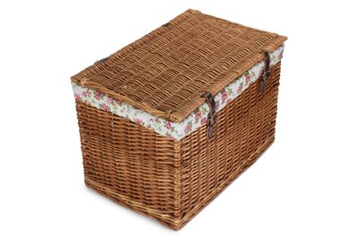 Steamed Wicker Floral Rose Lined Storage Hamper with leather Buckle straps
