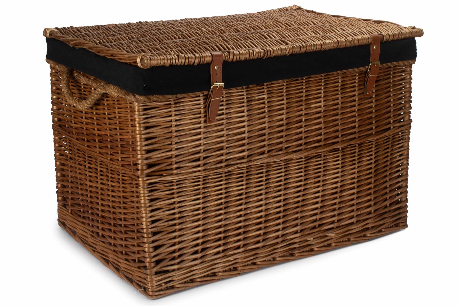 Steamed Wicker Black Lined Storage Hamper with leather Buckle straps