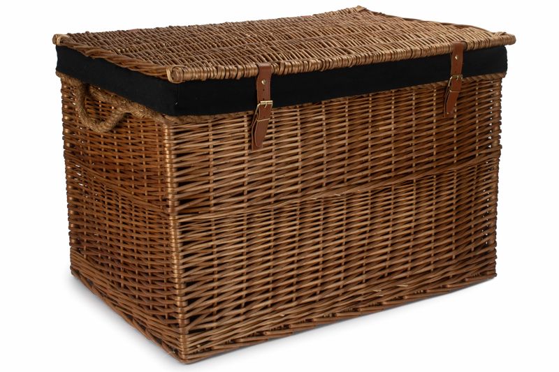 Steamed Wicker Black Lined Storage Hamper with leather Buckle straps
