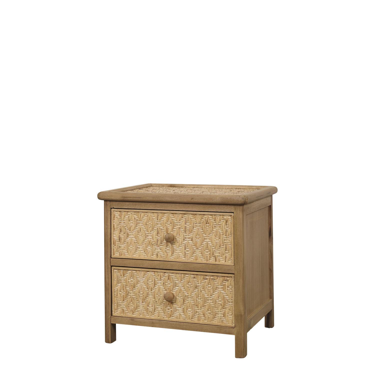 Rattan bedside table with two drawers, woven fronts, natural finish, wooden knobs and compact design.
