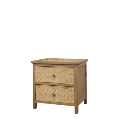 Rattan bedside table with two drawers, woven fronts, natural finish, wooden knobs and compact design.