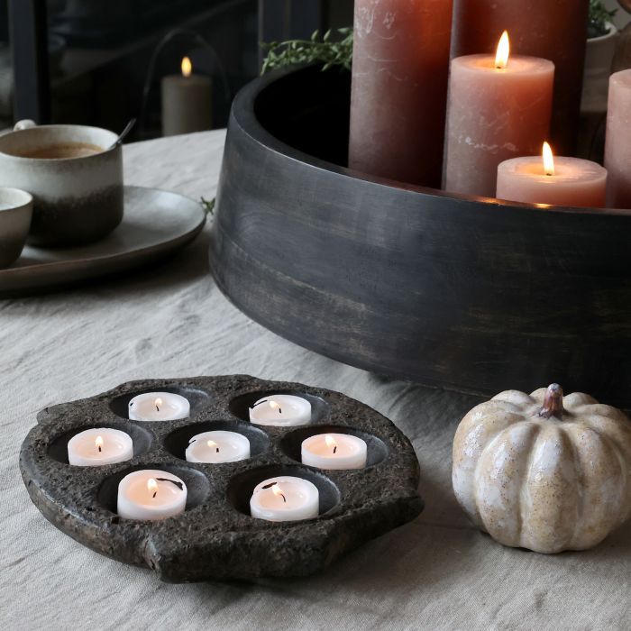 Amélie tealight holder is crafted from beautifully recycled wood with multiple tealights, adding rustic warmth and character