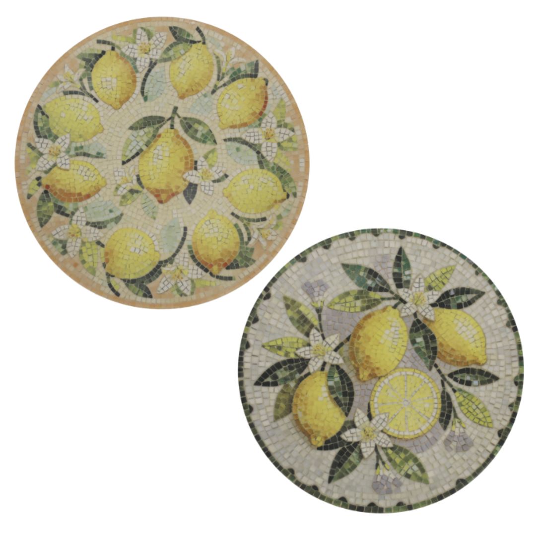 Two round mosaic tabletops decorated with yellow lemons, green leaves & white blossoms in a Mediterranean-style tile design