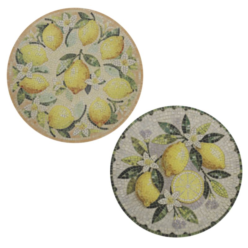Chartres Set of Lemon Mosaic Serving Plates - Set of 8 Two round mosaic tabletops decorated with yellow lemons, green leaves & white blossoms in a Mediterranean-style tile design