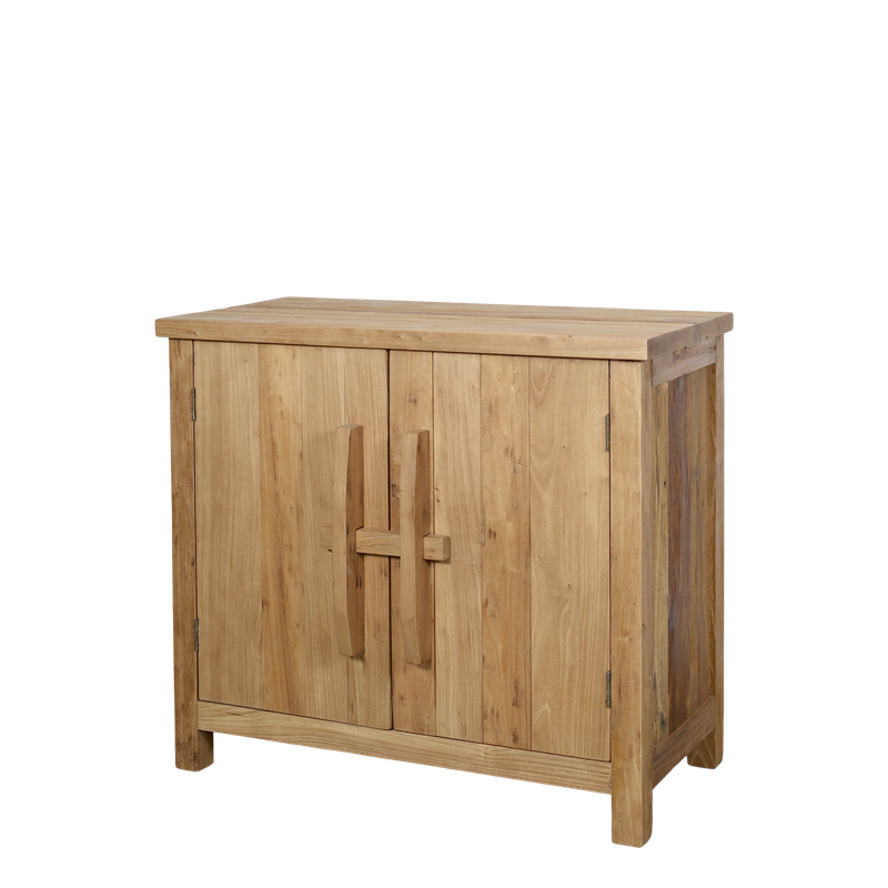 A compact wooden cabinet made from natural light-toned wood with visible grain. It has a rectangular top, two front doors.