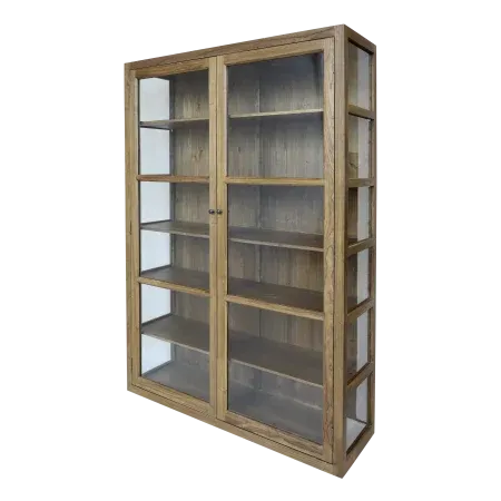 Tall wooden display cabinet with glass doors and internal shelving, designed to showcase decorative items.